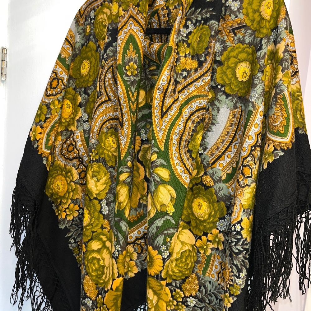 Traditional shawl in green and yellow flowers on black, 57 in/145 cm square.